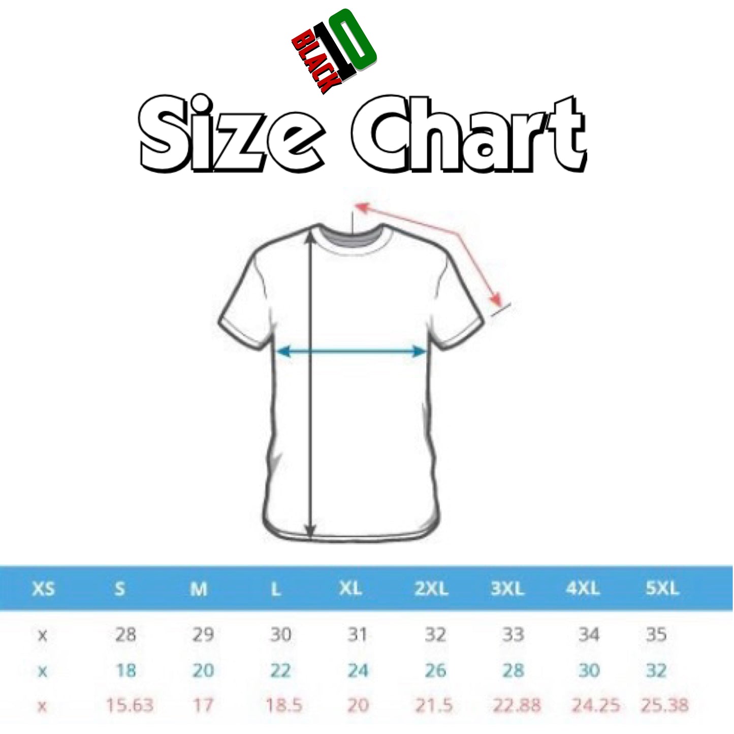 Size chart for Malcolm X T-shirt from Black10.com